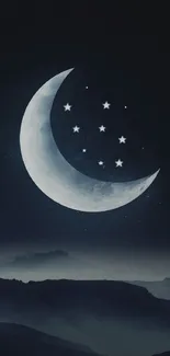 Night sky wallpaper with moon and stars over a serene landscape.