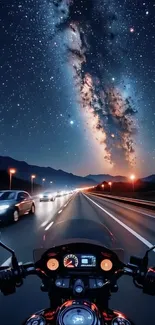 Motorcycle ride under a starry night sky on a highway.