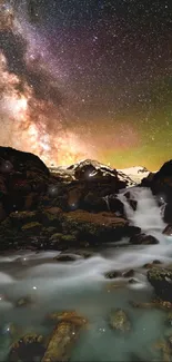 Starry night sky over a mountain waterfall.