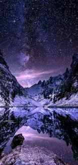 Starry night sky over mountains reflecting in a tranquil lake.