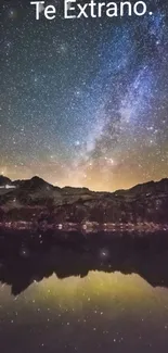 Starry night with mountain reflected in a calm lake.