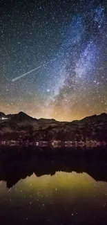 Starry night sky with mountains reflected in serene water.