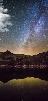 Starry night sky over mountains with a serene reflection in the water.