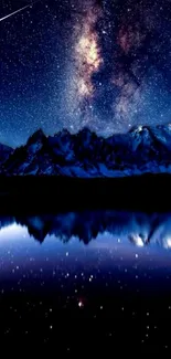 Starry night sky with mountain reflections on a calm lake.