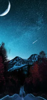 Starry night road through mountains under twinkling stars and crescent moon.