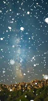 Starry night sky with snowflakes over mountains.