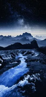 Starry night mountain with blue river and silhouetted peaks.