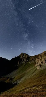 Starry night sky over majestic mountain landscape.