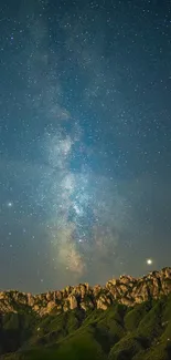 Starry night sky over a mountain range wallpaper.