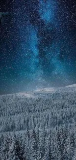 Snowy forest under a starry night sky, with deep blue and white hues.