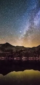 Starry night sky over a mountain landscape, reflected in a still lake.