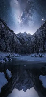 Starry night over snowy mountains reflected in a serene lake.