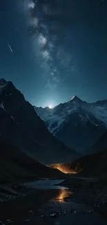 Starry night sky over mountains with a glowing horizon.