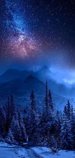 Starry night over snowy mountains and forest, with a deep blue sky.