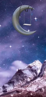 Crescent moon swing over starry mountain night sky wallpaper.