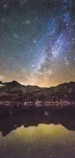 Beautiful starry night sky with mountains and Milky Way visible.