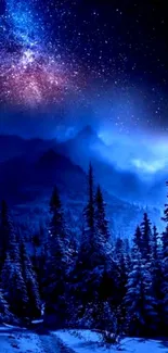 Starry night over snowy mountain landscape with trees and vibrant sky.