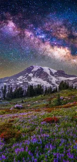 Starry night over mountains and wildflower meadow.