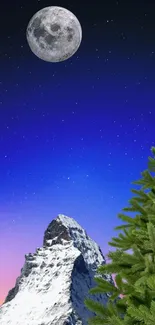 Serene night sky wallpaper with mountain and full moon, ideal for mobile backgrounds.