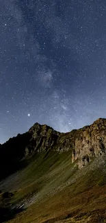 Starry sky over mountains with galaxy view.