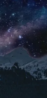 Starry sky over snow-topped mountains at night, creating a cosmic landscape.