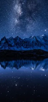 A breathtaking starry night sky over snowy mountains and reflective water.