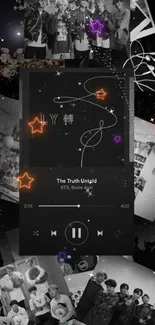 Starry night music player wallpaper with neon stars and monochrome collage.