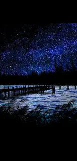 Serene starry night scene with pier and lake reflection.