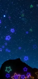 Starry night mobile wallpaper with neon glowing stars.