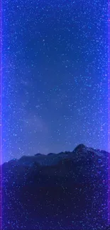 Starry night wallpaper with neon purple hues and mountain silhouette.