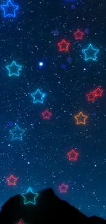 Vibrant starry night wallpaper with neon stars in blue, red, and orange.