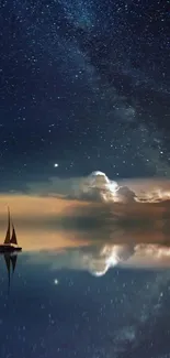 Sailboat on a starry night ocean with sky reflecting in water.