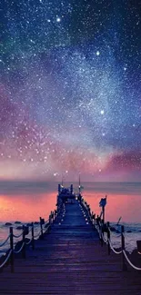 Starry night over ocean and pier, galaxy above.