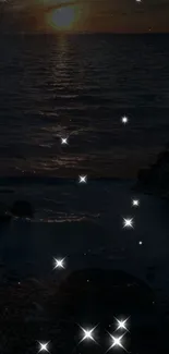 Starry night over ocean with shimmering stars.