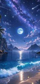 Moonlit ocean under a starry sky with palm trees and mountains.