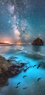 Starry night ocean view with birds and island.