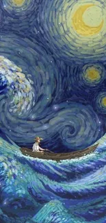 Van Gogh-inspired starry night over ocean painting, with vivid swirls and waves.