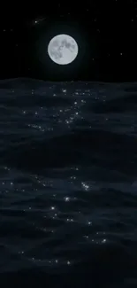 Full moon over a dark ocean with stars reflecting.