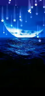 Starry night ocean with glowing moon and falling stars on a mobile wallpaper.