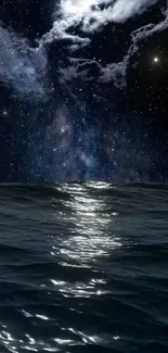 Moonlit ocean beneath a starry night sky.