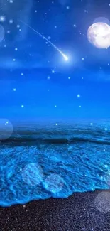 Serene starry night wallpaper with ocean waves and a glowing moon.