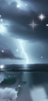 Starry night ocean wallpaper with lightning over waves.