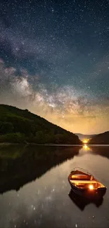 Starry night sky over a calm lake with a glowing boat.