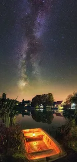 Milky Way galaxy shining over calm lake with a lone boat and trees at night.