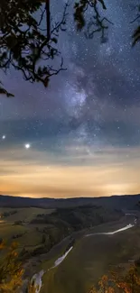 Starry night sky over a tranquil landscape with river and hills.