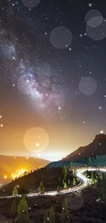 Starry night sky over a serene mountain road with glowing horizon.