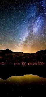 Starry night sky over dark mountains, reflecting in water.