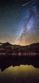 Starry night sky with Milky Way over mountains and a tranquil lake reflection.