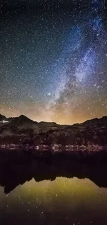 Stunning star-filled night sky over mountains with reflection on a lake.