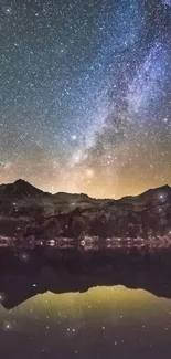 Starry night over mountain reflection with cosmic view.